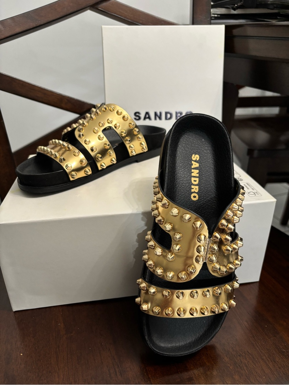 Sandro Black & Gold Studded Slide Sandals